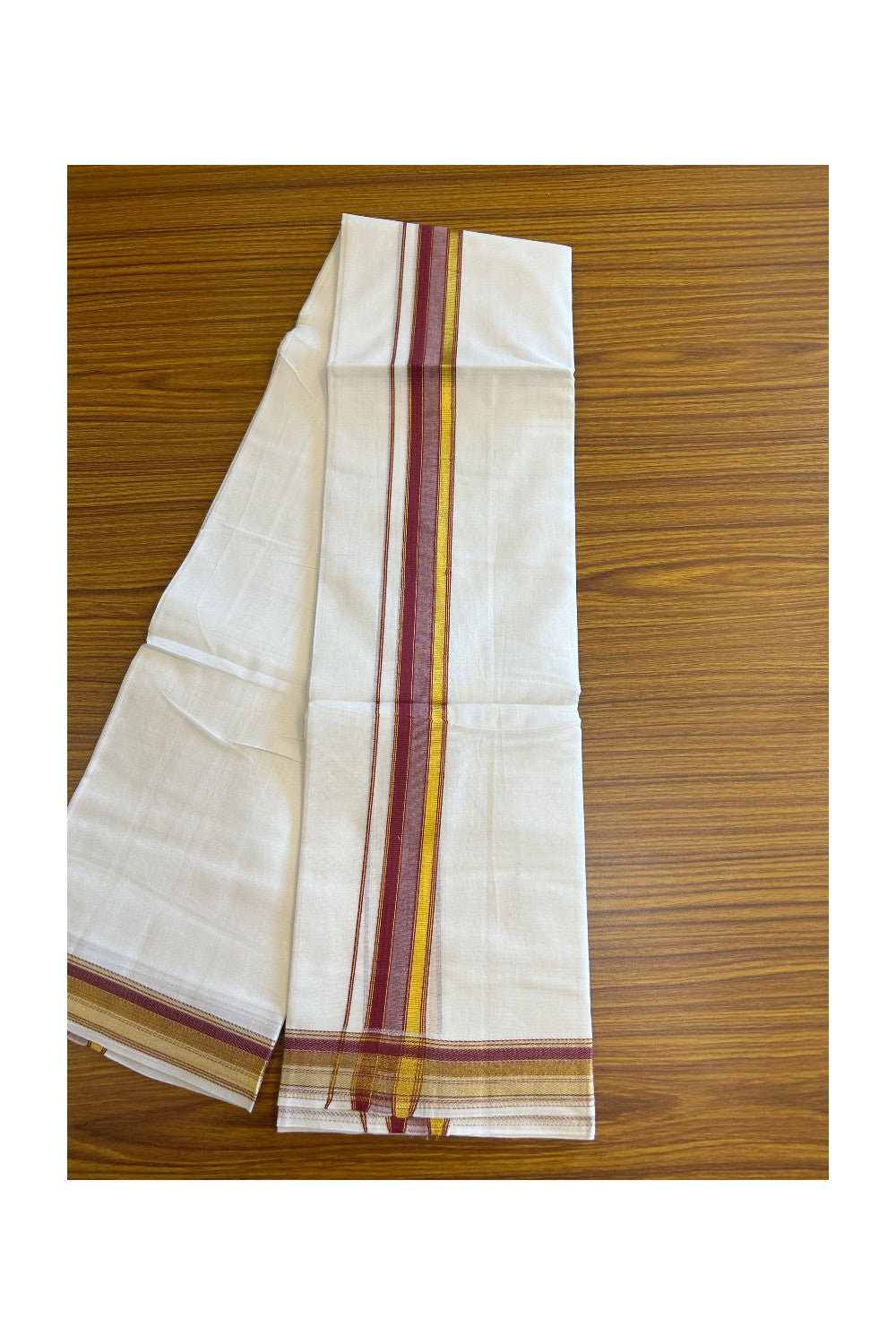 16% DISCOUNT! KaithariKada Balaramapuram 100% Mercerised Cotton Double PURE white Mundu/Dhoti - 100x100  1.75 inch Kasavu Maroon & White shaded stripes Kara - 32KK5108GAN