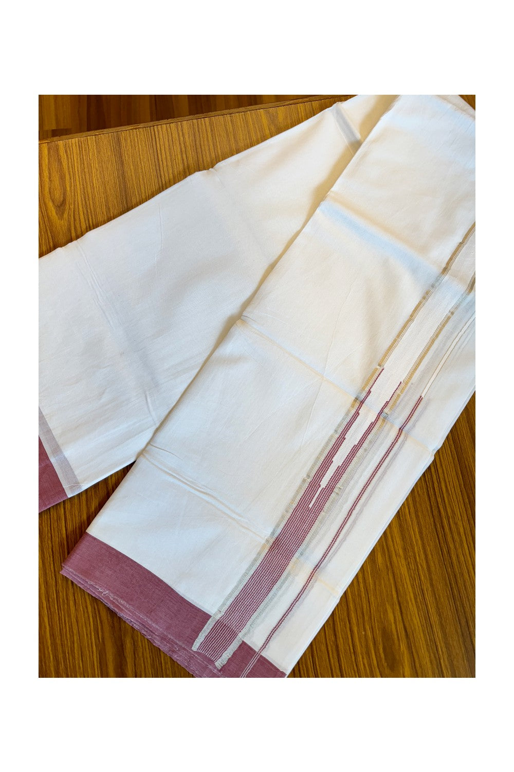 21% DISCOUNT! KaithariKada Balaramapuram 100% Cotton Double PURE white Mundu/Dhoti-100x92   2 Inch  Heavy Designer Chutty LIGHT MAROON  & Silver Kasavu Kara- 32KK84CEE