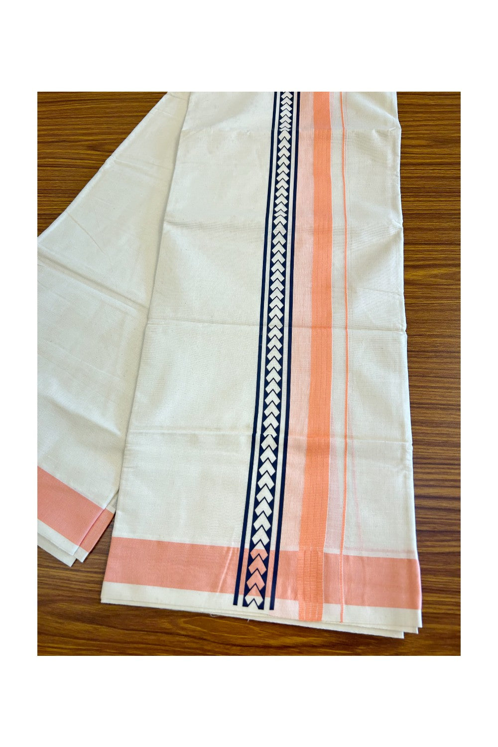 29% Discount !! KaithariKada Balaramapuram 100% Cotton Off white Double Mundu/Dhoti - 80x72- 3.25 Inch  Peach Orange Striped  Striped pattern printed kara - 29KK470VIN