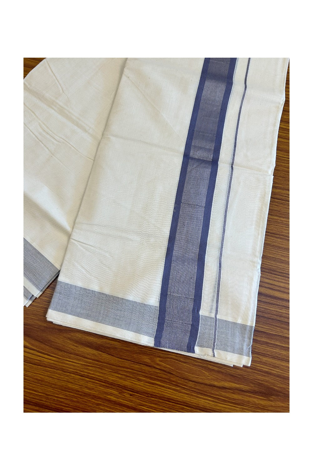 10% DISCOUNT ! KaithariKada Balaramapuram 100% Cotton Double Off white Mundu/Dhoti-100X100- 2.75inch SILVER  KASAVU & Violet Striped Kara - 32KK500KK