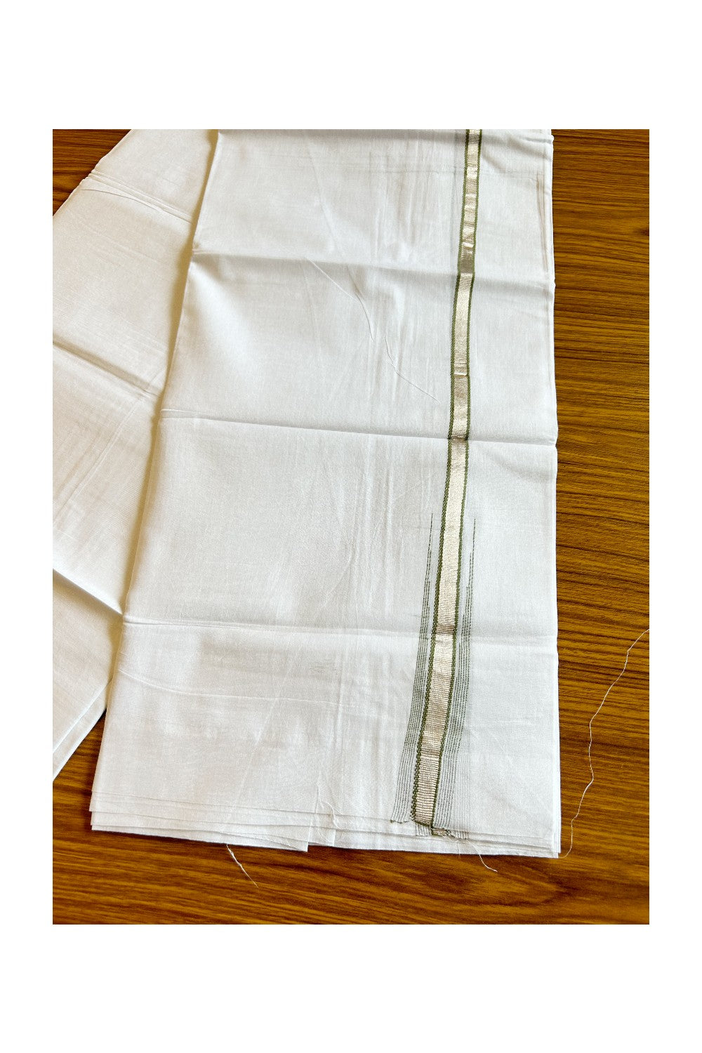 8% Discount ! Kaitharikada Balaramapuram 100% Cotton PURE WHITE Double Mundu/Dothi- 0.5 inch Silver Kasavu & Light Green Striped Chutty Kara - 32KK5032GAN