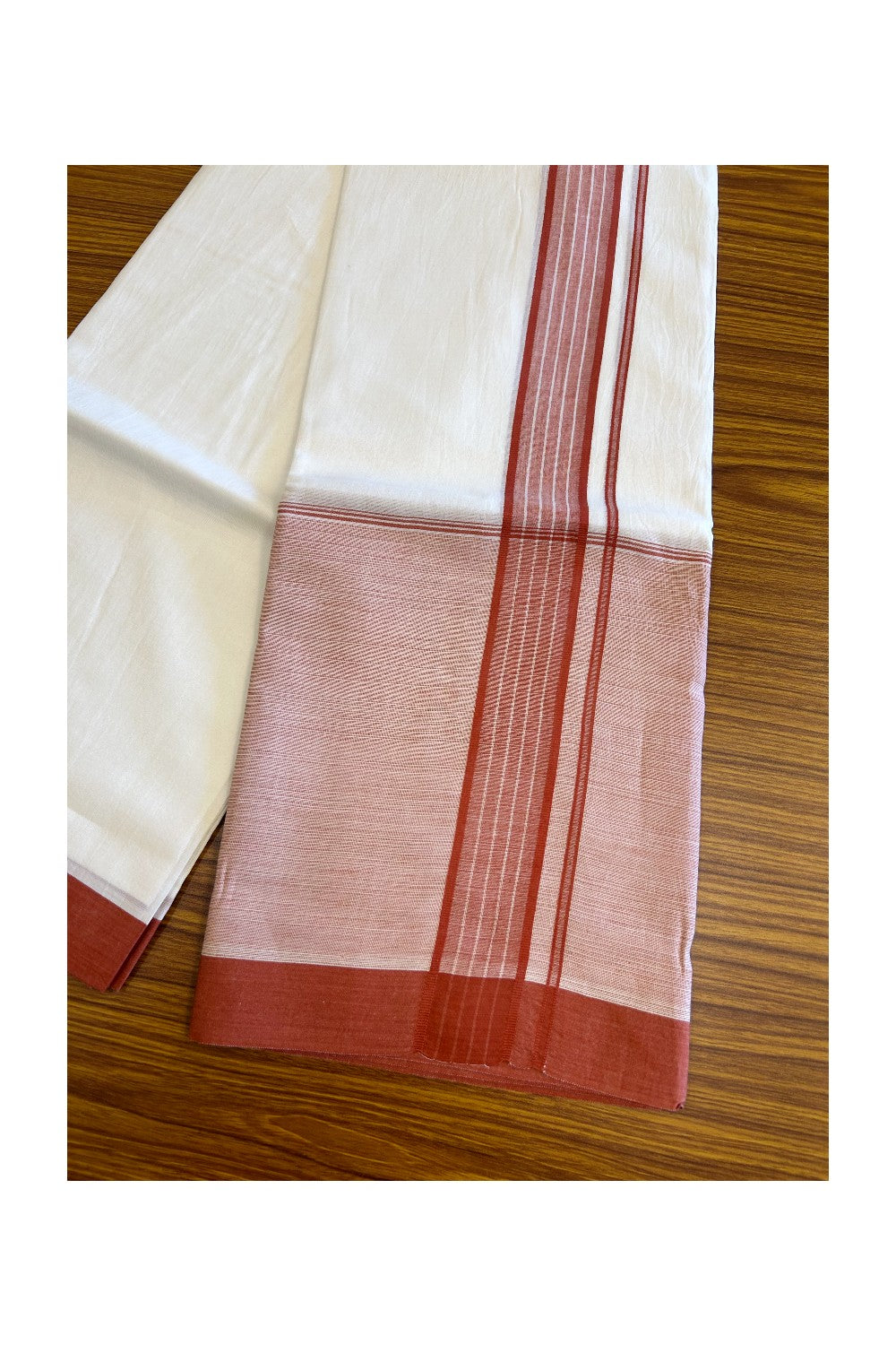 15% DISCOUNT!! Kaitharikada Balaramapuram 100% Cotton Ultra WHITE Double Mundu/Dothi-100x100 - 2 Inch RED Striped Cotton Kara 3.75m - 32KK5067KK