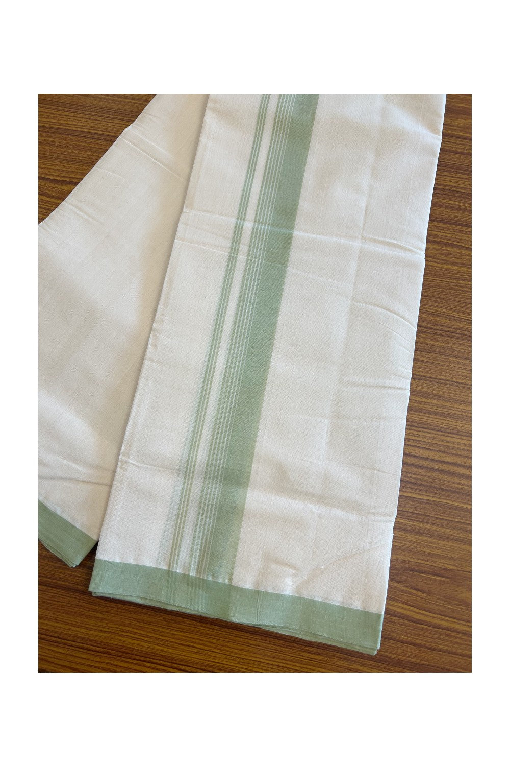 30% Discount!!! KaithariKada HANDLOOM Millpaav Balaramapuram - 100% PURE Cotton off white (Unbleached) Double Mundu/Dhoti - 2.5 inch Pista green striped kara - 32KK5105RAM