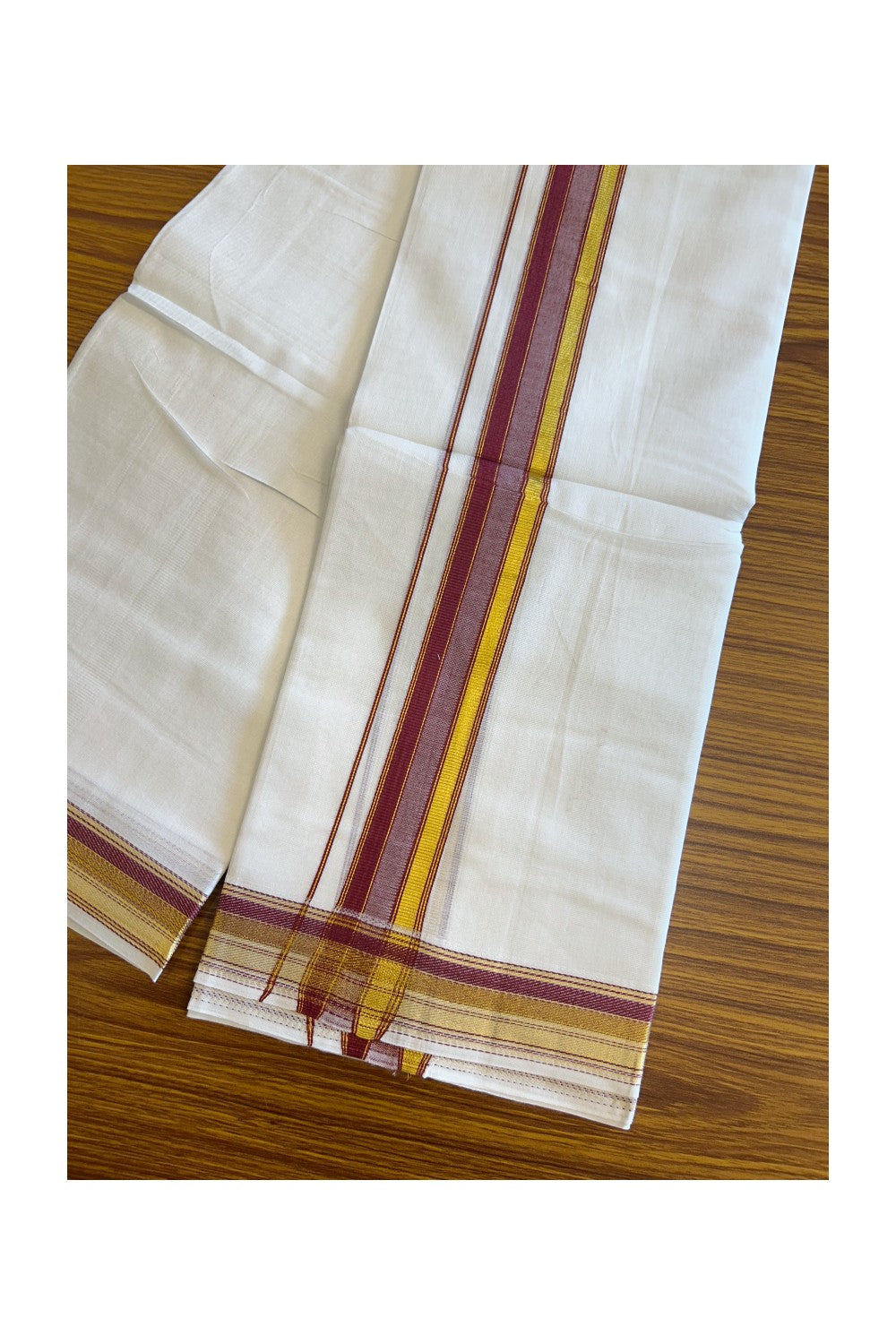 16% DISCOUNT! KaithariKada Balaramapuram 100% Mercerised Cotton Double PURE white Mundu/Dhoti - 100x100  1.75 inch Kasavu Maroon & White shaded stripes Kara - 32KK5108GAN