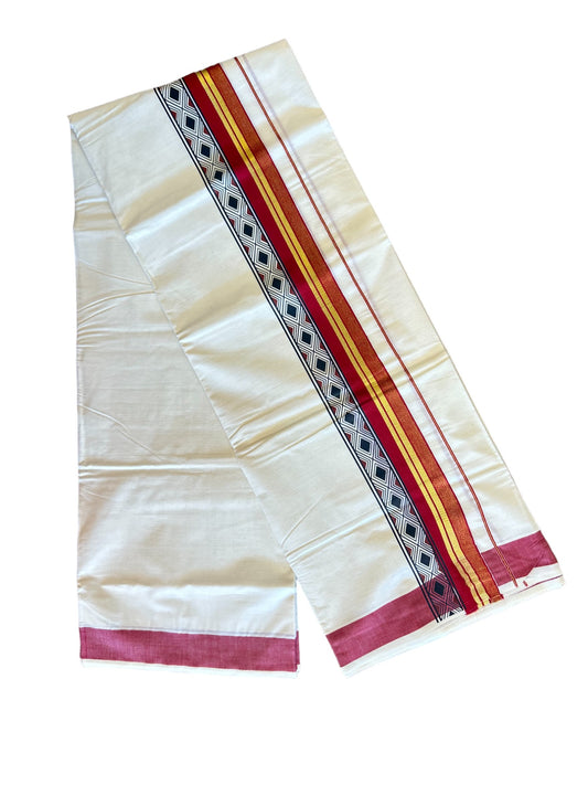 30% Discount !! KaithariKada Balaramapuram 100% Cotton Double Off white Mundu/Dhoti-80x72- 3.25Inch Kasavu & Red Black pattern printed kara - 33KK416VIN