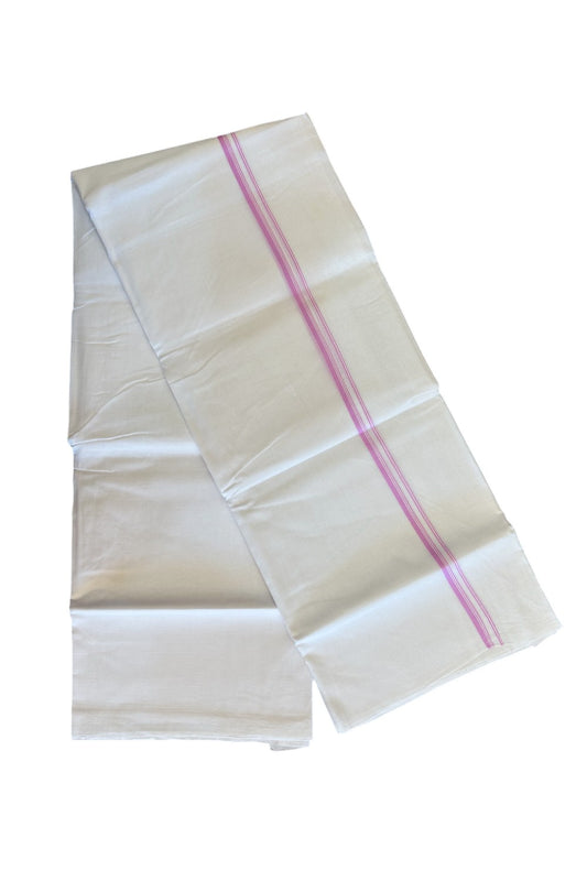 26% DISCOUNT ! KaithariKada Balaramapuram 100% Cotton Double Pure white Mundu/Dhoti-100X100 - Light Pink & Stripes 2cm Kara.- 37KK487KK