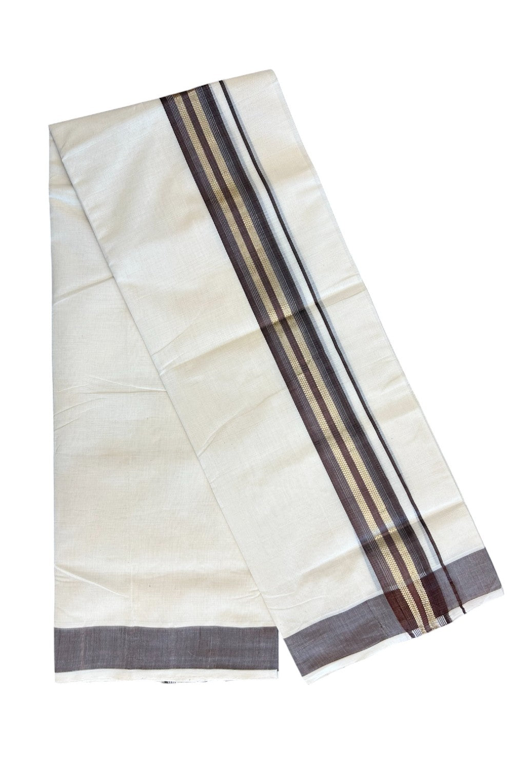 8% DISCOUNT!! KaithariKada HANDLOOM millpaav Balaramapuram - 100% PURE Cotton OFF White Double Mundu/Dothi - 2 inch Dark Brown & Gold Kasavu Striped kara - 33KK5029RAM