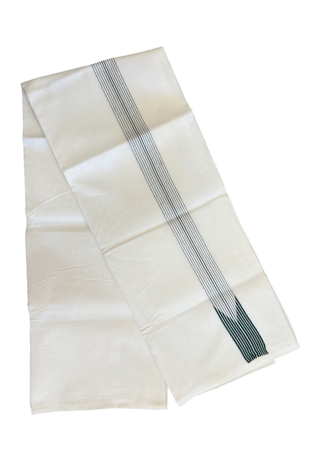 19% KaithariKada Balaramapuram 100% Cotton Double PURE WHITE - Mundu/Dhoti-100x100 -1.5 inch 12 LINE Chutty Green & White Kara - 33KK5043ASH