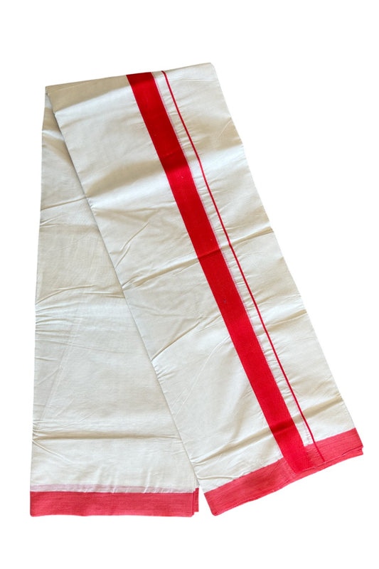 30% Discount! KaithariKada Balaramapuram 100% Cotton Double Off white - (Unbleached) Mundu/Dhoti-100X100-  ORANGE RED 2 inch Kara.- 9