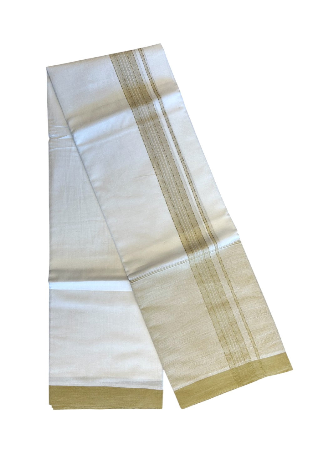 15% DISCOUNT!! Kaitharikada Balaramapuram 100% Cotton Ultra WHITE Double Mundu/Dothi-100x100 - 2 Inch Light Yellow Striped Cotton Kara 3.75m - 33KK5067KK