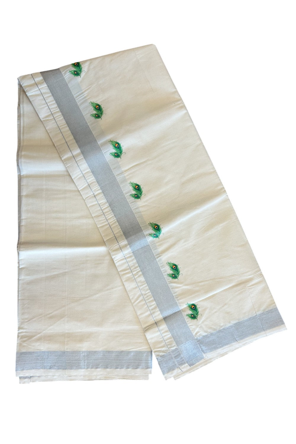 18% Discount !! KaithariKada Balaramapuram 100% Cotton Double Off white (Unbleached) Mundu/Dhoti-80x72- 2.5inch Hand Painted Silver Kasavu Peacock feather Design - 4KK78PMC