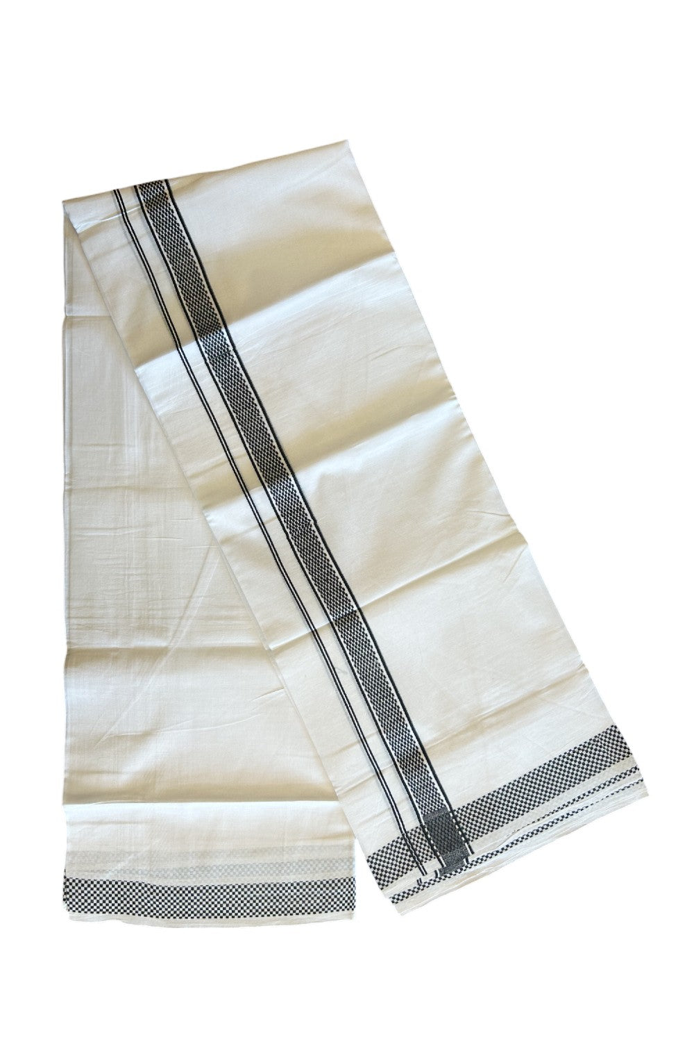 20% DISCOUNT! KaithariKada Balaramapuram 100% Cotton Double PURE white Mundu/Dhoti - 100x80 - 1.75 Inch Black Check Kara - 33KK5112PMC