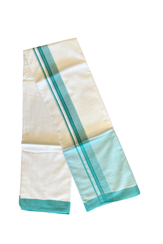 15% DISCOUNT!! Kaitharikada Balaramapuram 100% Cotton Ultra WHITE Double Mundu/Dothi-100x100  2 Inch TURQUOISE GREEN SHADED Cotton Kara - 33KK74RAM