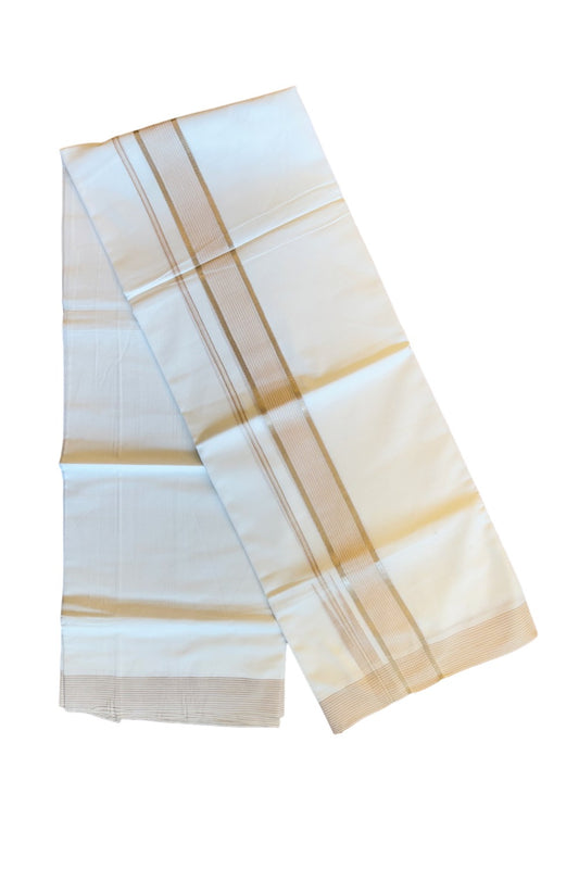 21% DISCOUNT! KaithariKada Balaramapuram 100% Cotton PURE WHITE Double Mundu/Dhoti-100x92 Puliyilakkara Chutty LIGHT BROWN & SILVER STRIPED Cotton Kara - 33KK84CEE