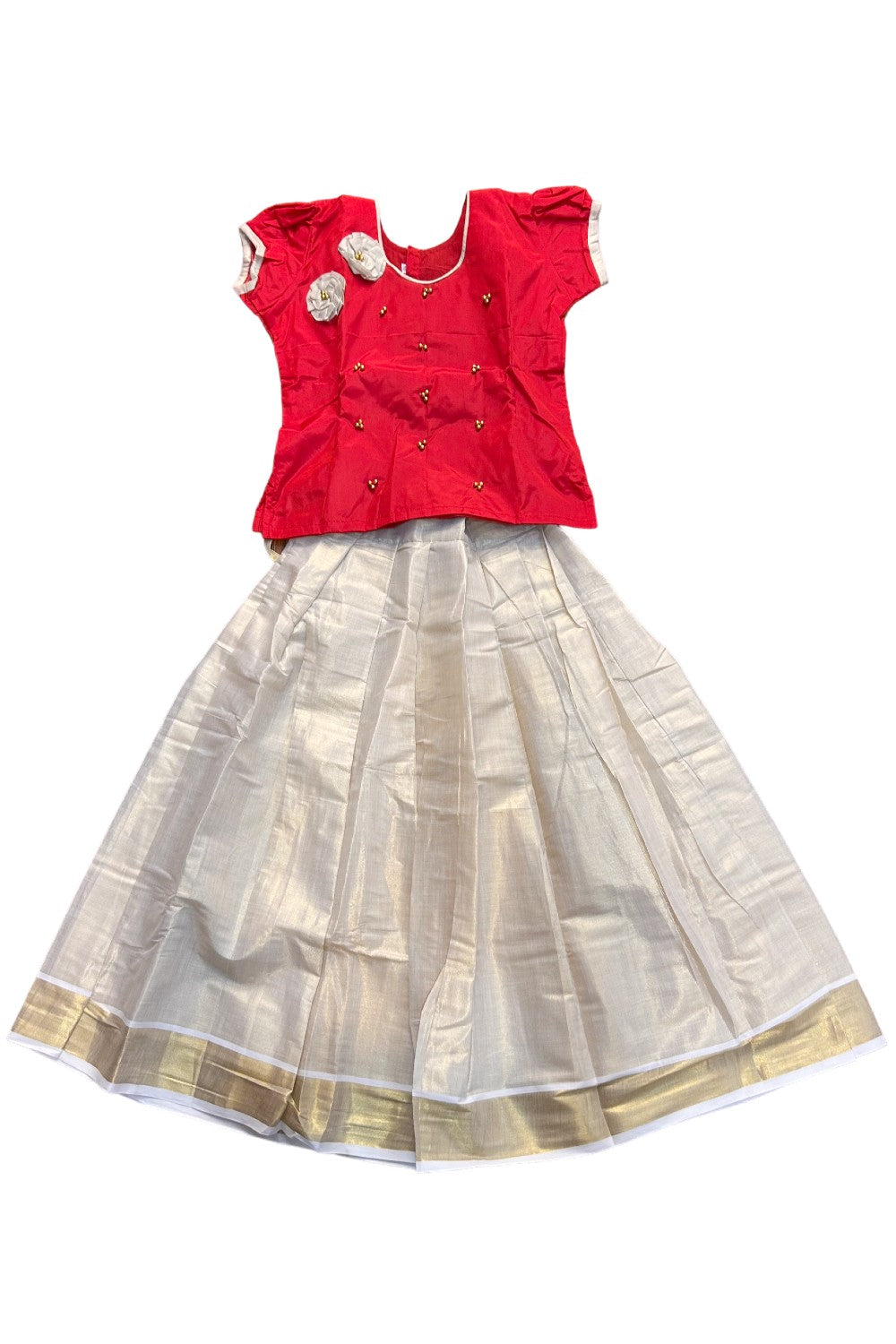 Midukki-Traditional South Indian Kids Pattu Pavada-Red top with beads work tissue skirt - Age 10 - KK10MID0033