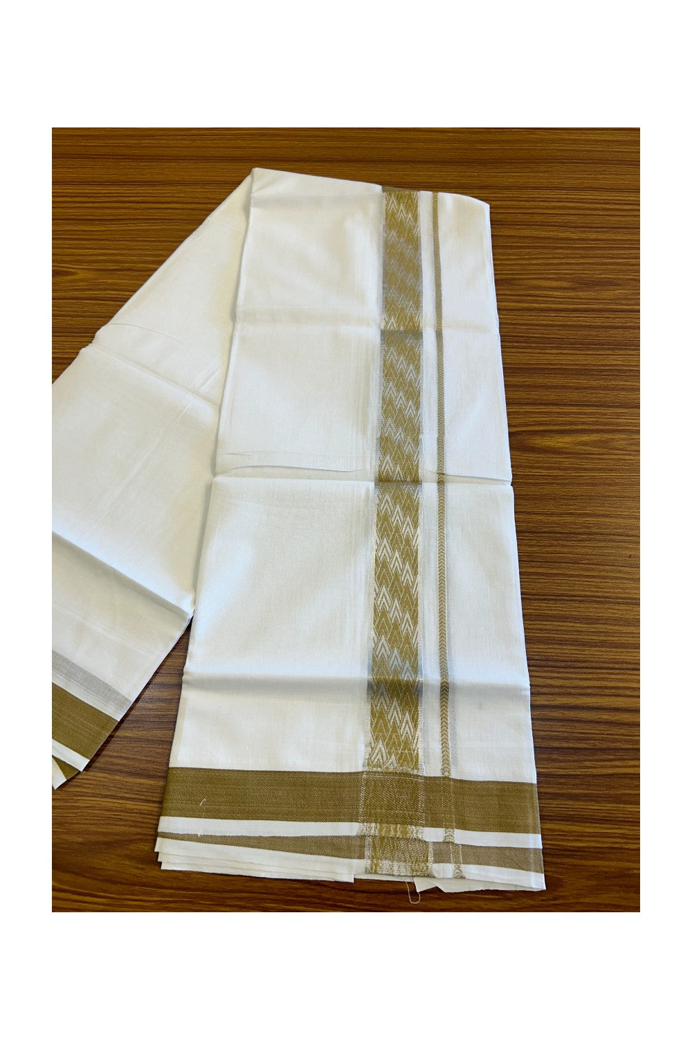 20% DISCOUNT! KaithariKada Balaramapuram 100% Cotton Double PURE white Mundu/Dhoti-100x100 2.25 inch Silver kasavu & Light Brown pattern Kara  - 33KK207PMC