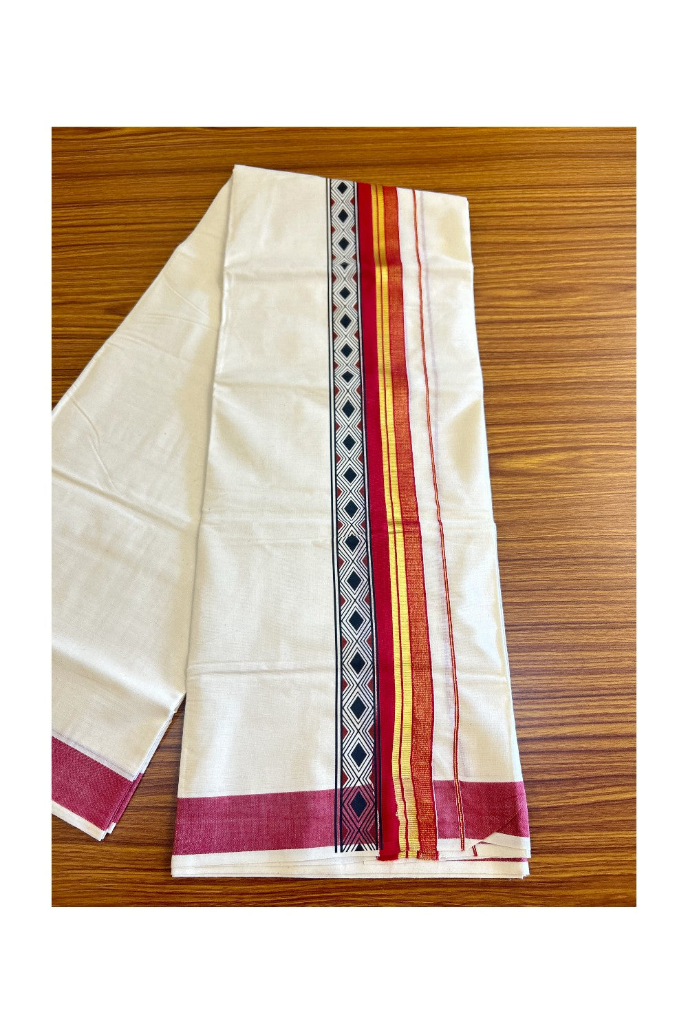 30% Discount !! KaithariKada Balaramapuram 100% Cotton Double Off white Mundu/Dhoti-80x72- 3.25Inch Kasavu & Red Black pattern printed kara - 33KK416VIN