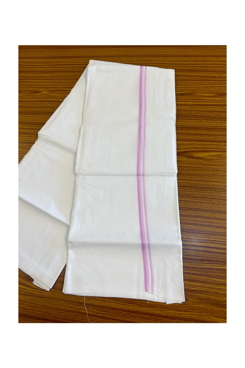 26% DISCOUNT ! KaithariKada Balaramapuram 100% Cotton Double Pure white Mundu/Dhoti-100X100 - Light Pink & Stripes 2cm Kara.- 37KK487KK