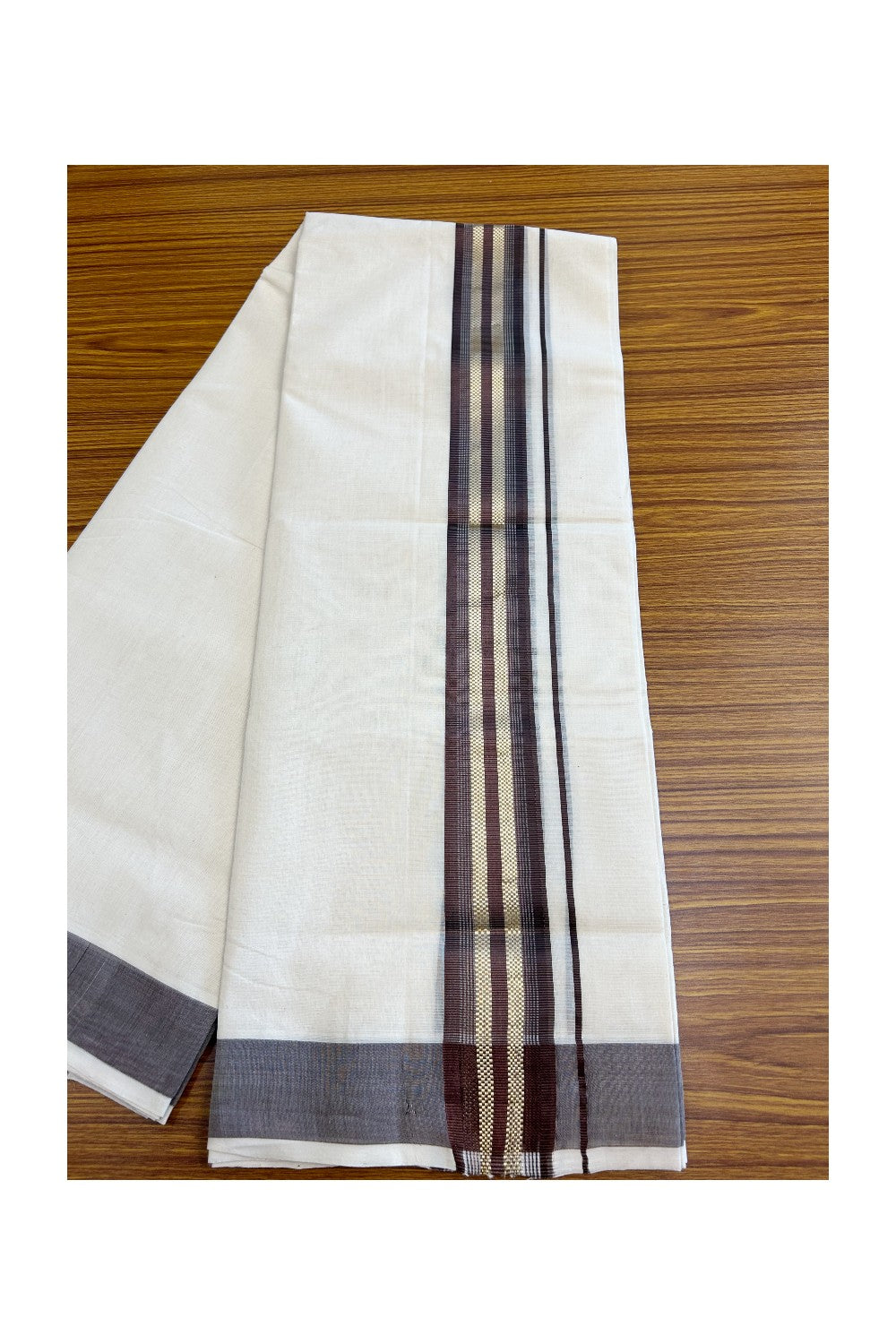 8% DISCOUNT!! KaithariKada HANDLOOM millpaav Balaramapuram - 100% PURE Cotton OFF White Double Mundu/Dothi - 2 inch Dark Brown & Gold Kasavu Striped kara - 33KK5029RAM