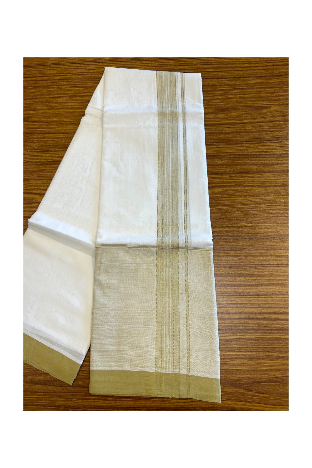 15% DISCOUNT!! Kaitharikada Balaramapuram 100% Cotton Ultra WHITE Double Mundu/Dothi-100x100 - 2 Inch Light Yellow Striped Cotton Kara 3.75m - 33KK5067KK