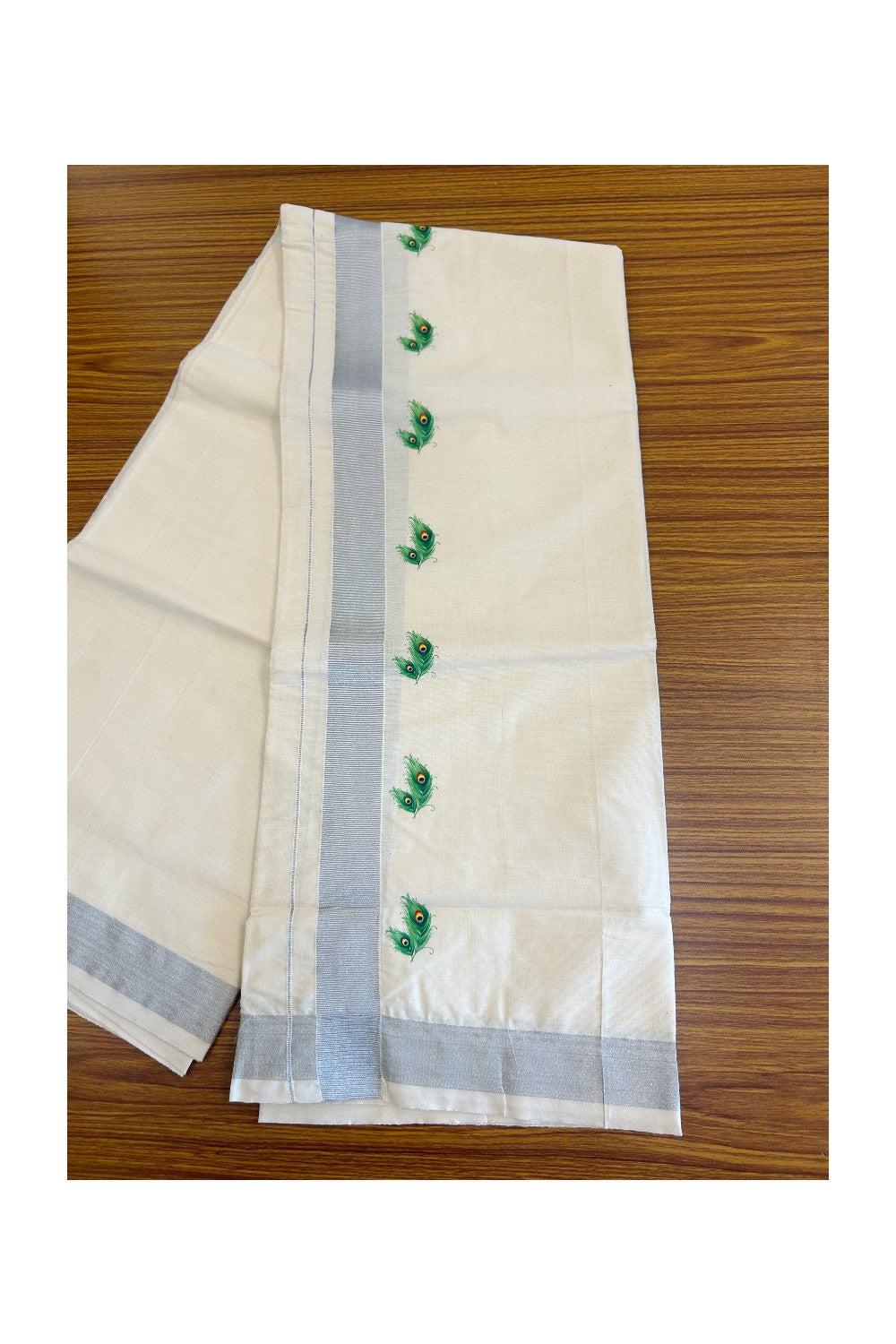 18% Discount !! KaithariKada Balaramapuram 100% Cotton Double Off white (Unbleached) Mundu/Dhoti-80x72- 2.5inch Hand Painted Silver Kasavu Peacock feather Design - 4KK78PMC