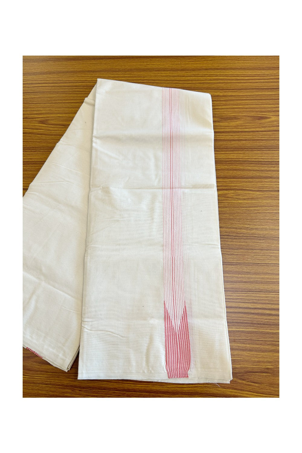 New!! 17%OFFER! KaithariKada Balaramapuram 100% Cotton Double OFF WHITE - (Unbleached)  Mundu/Dhoti-100x100 12 LINE Chutty Dark Peach & White-  6KK125ASH