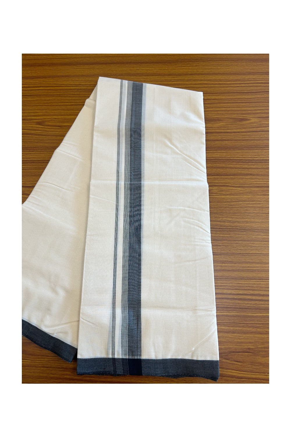 30% Discount!!! KaithariKada HANDLOOM Millpaav Balaramapuram - 100% PURE Cotton off white (Unbleached) Double Mundu/Dhoti - 2.25 inch Black Side striped kara - 33KK5105RAM