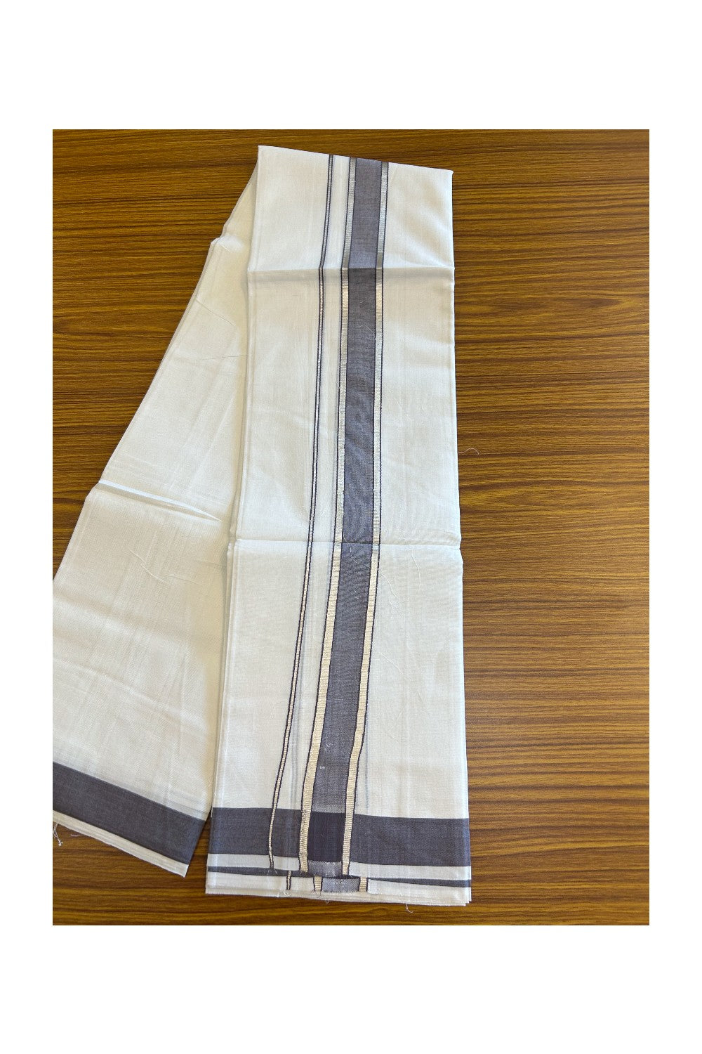 20% DISCOUNT! KaithariKada Balaramapuram 100% Mercerised Cotton Double PURE white Mundu/Dhoti - 100x100  2.25 inch Silver Kasavu & Ash purple Kara - 33KK5108GAN