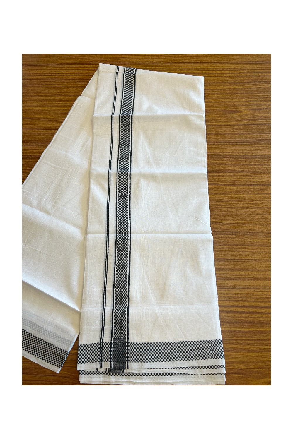 20% DISCOUNT! KaithariKada Balaramapuram 100% Cotton Double PURE white Mundu/Dhoti - 100x80 - 1.75 Inch Black Check Kara - 33KK5112PMC