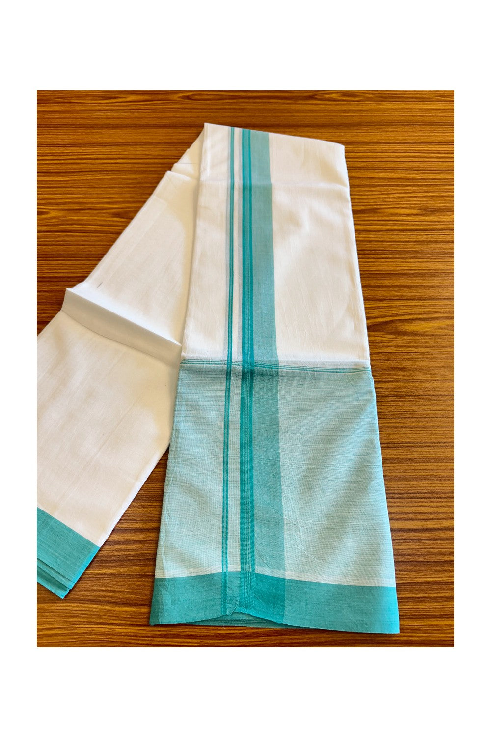 15% DISCOUNT!! Kaitharikada Balaramapuram 100% Cotton Ultra WHITE Double Mundu/Dothi-100x100  2 Inch TURQUOISE GREEN SHADED Cotton Kara - 33KK74RAM