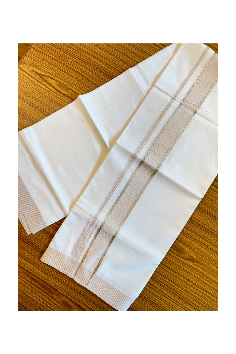 21% DISCOUNT! KaithariKada Balaramapuram 100% Cotton PURE WHITE Double Mundu/Dhoti-100x92 Puliyilakkara Chutty LIGHT BROWN & SILVER STRIPED Cotton Kara - 33KK84CEE