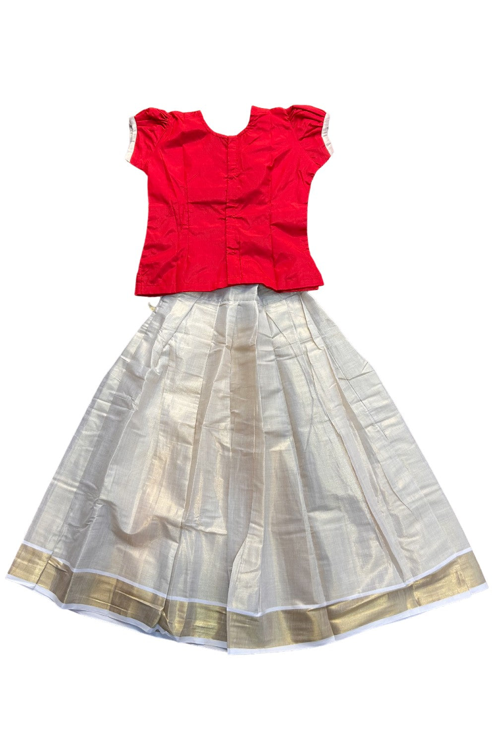 Midukki-Traditional South Indian Kids Pattu Pavada-Red top with beads work tissue skirt - Age 10 - KK10MID0033