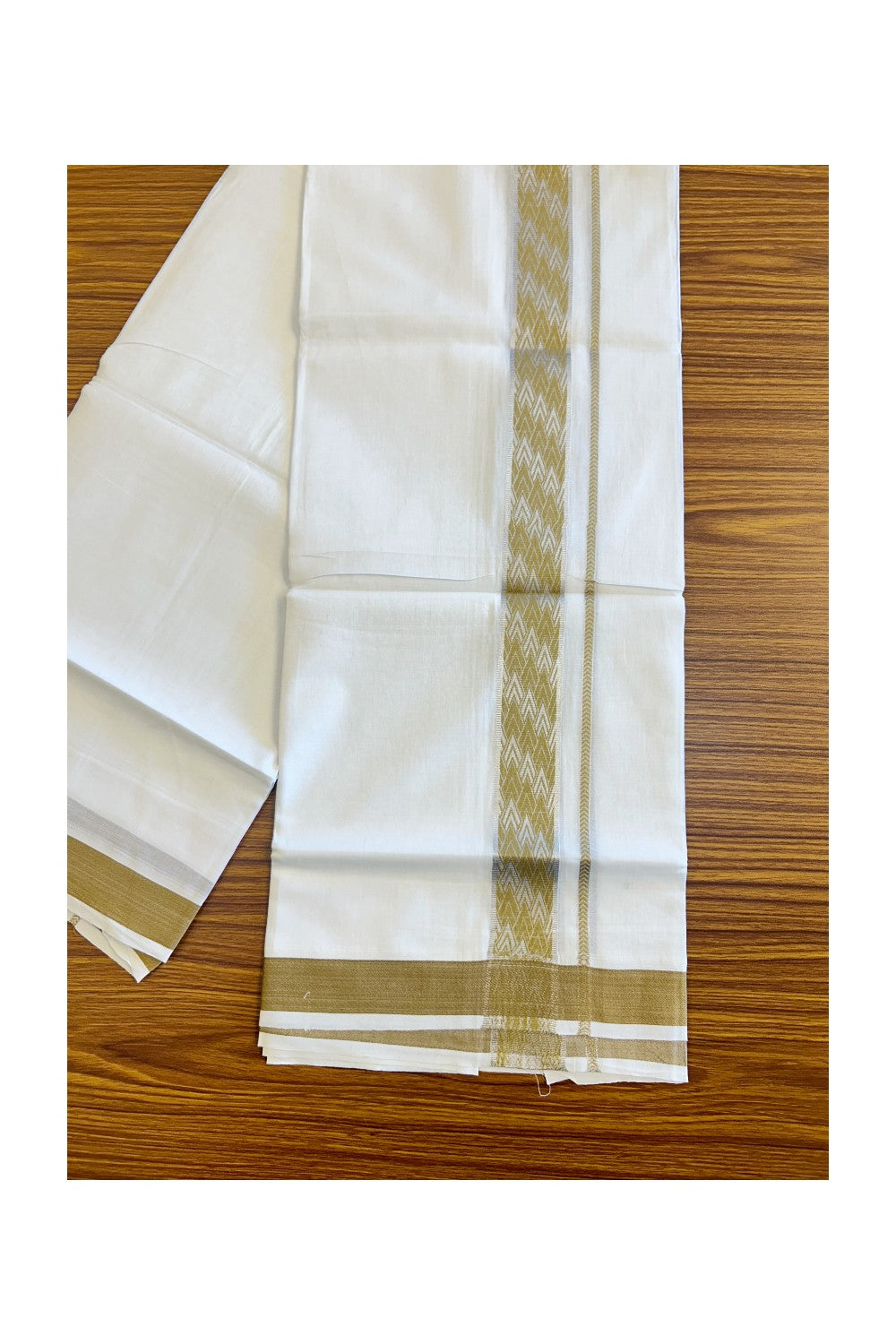 20% DISCOUNT! KaithariKada Balaramapuram 100% Cotton Double PURE white Mundu/Dhoti-100x100 2.25 inch Silver kasavu & Light Brown pattern Kara  - 33KK207PMC