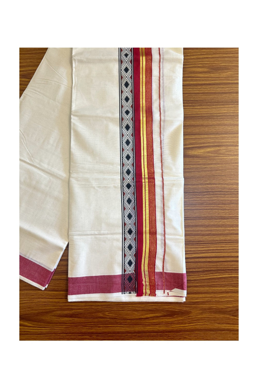 30% Discount !! KaithariKada Balaramapuram 100% Cotton Double Off white Mundu/Dhoti-80x72- 3.25Inch Kasavu & Red Black pattern printed kara - 33KK416VIN