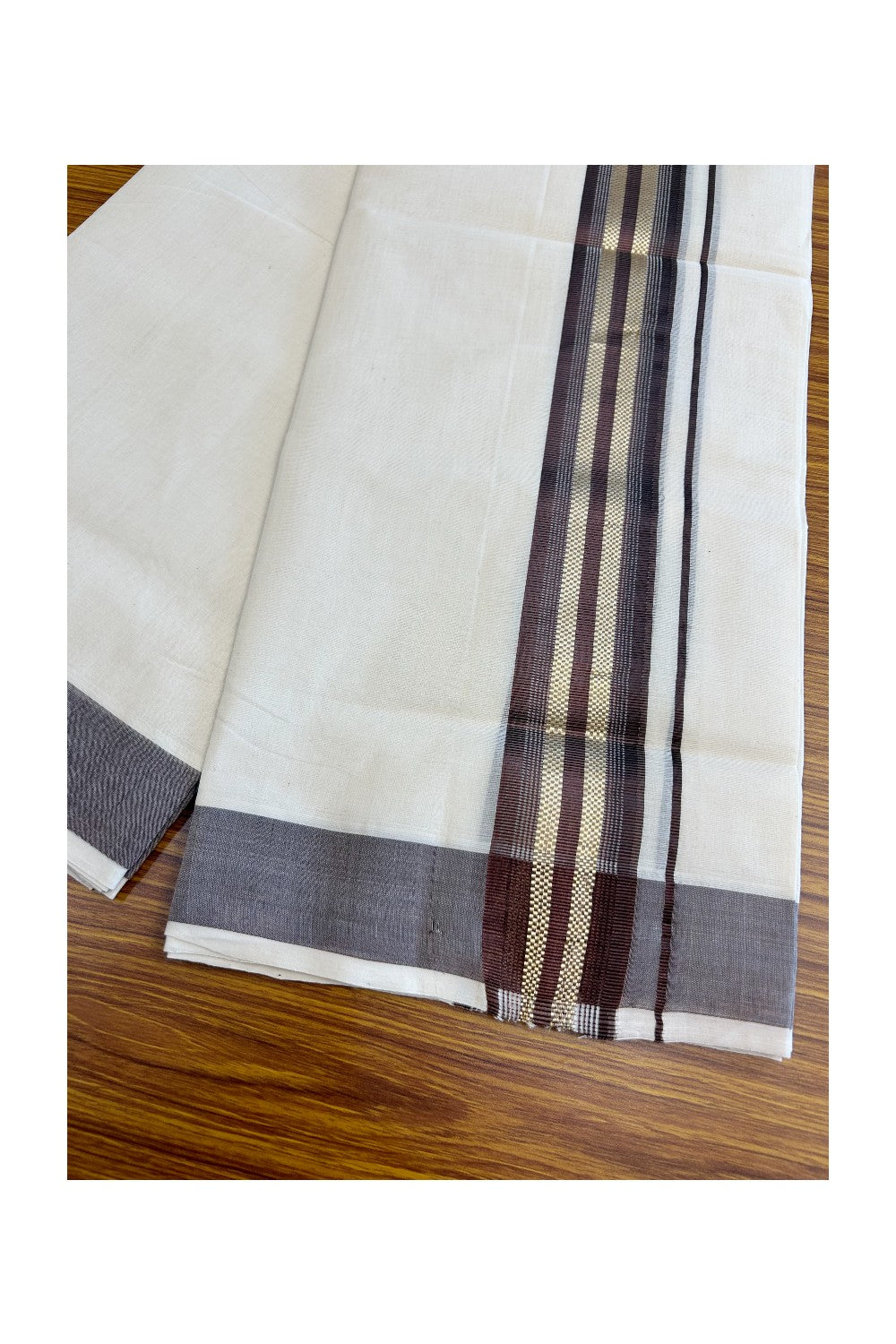 8% DISCOUNT!! KaithariKada HANDLOOM millpaav Balaramapuram - 100% PURE Cotton OFF White Double Mundu/Dothi - 2 inch Dark Brown & Gold Kasavu Striped kara - 33KK5029RAM