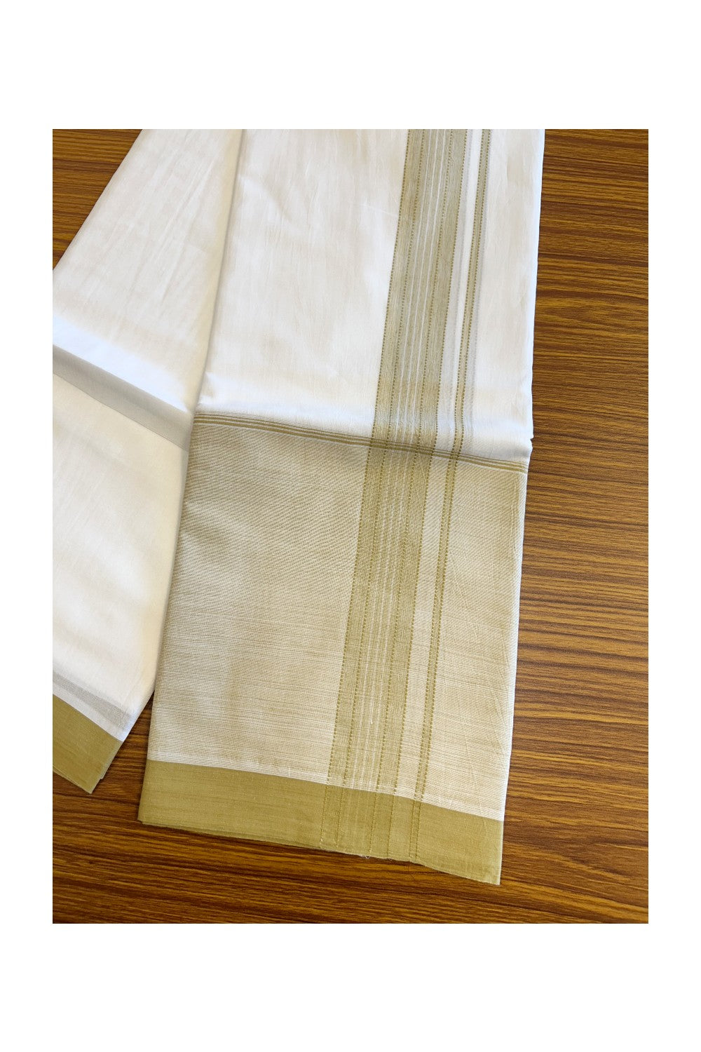 15% DISCOUNT!! Kaitharikada Balaramapuram 100% Cotton Ultra WHITE Double Mundu/Dothi-100x100 - 2 Inch Light Yellow Striped Cotton Kara 3.75m - 33KK5067KK