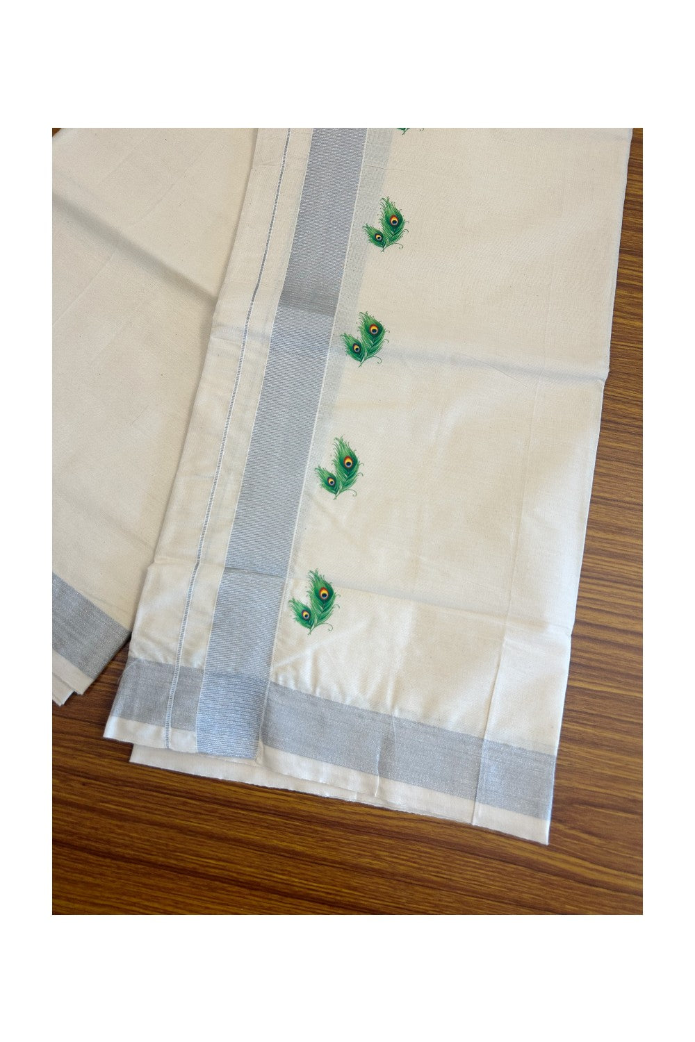 18% Discount !! KaithariKada Balaramapuram 100% Cotton Double Off white (Unbleached) Mundu/Dhoti-80x72- 2.5inch Hand Painted Silver Kasavu Peacock feather Design - 4KK78PMC