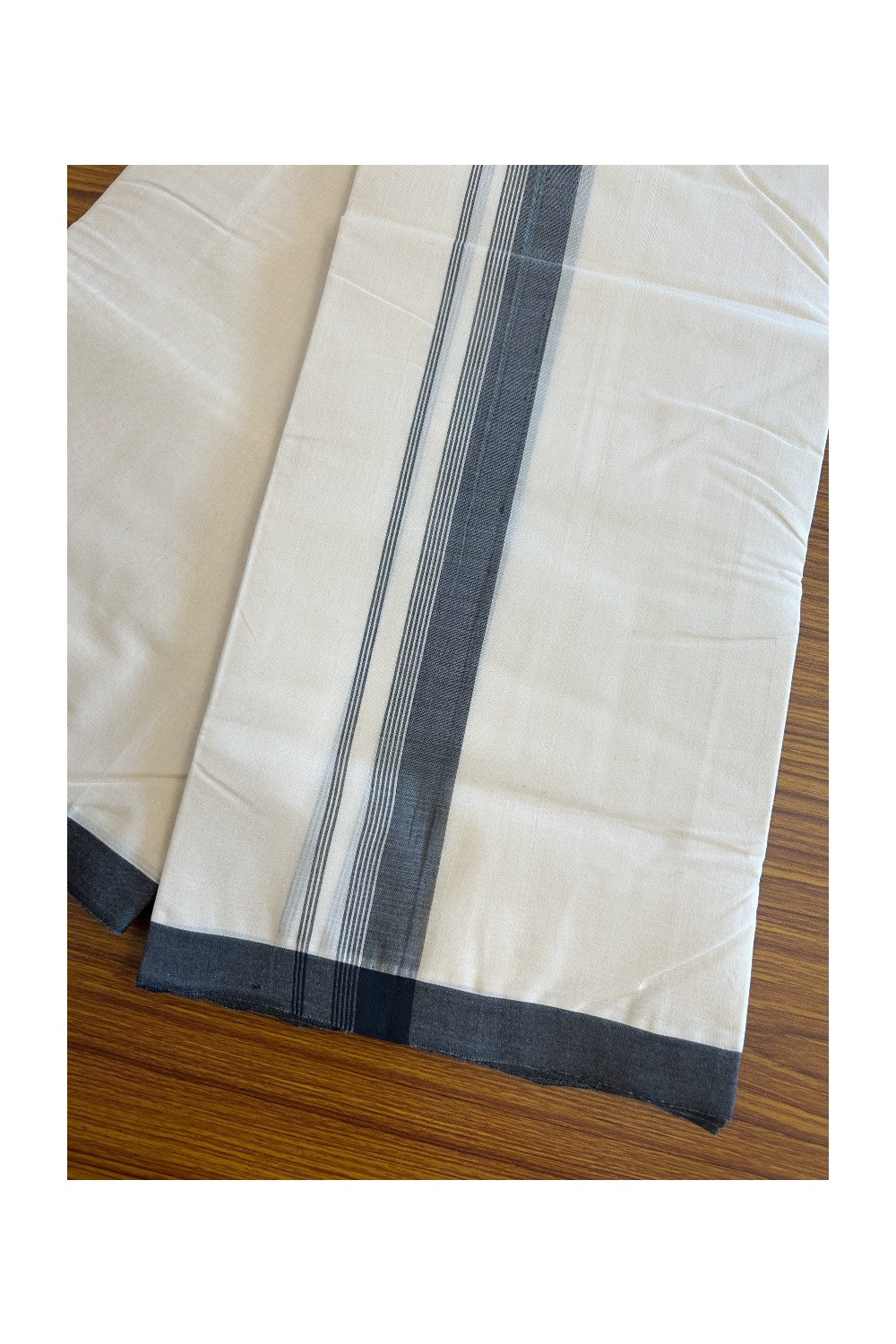 30% Discount!!! KaithariKada HANDLOOM Millpaav Balaramapuram - 100% PURE Cotton off white (Unbleached) Double Mundu/Dhoti - 2.25 inch Black Side striped kara - 33KK5105RAM