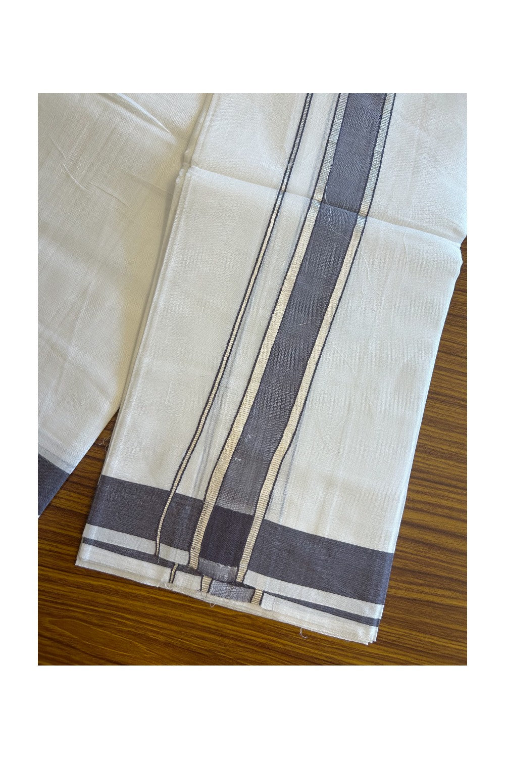 20% DISCOUNT! KaithariKada Balaramapuram 100% Mercerised Cotton Double PURE white Mundu/Dhoti - 100x100  2.25 inch Silver Kasavu & Ash purple Kara - 33KK5108GAN