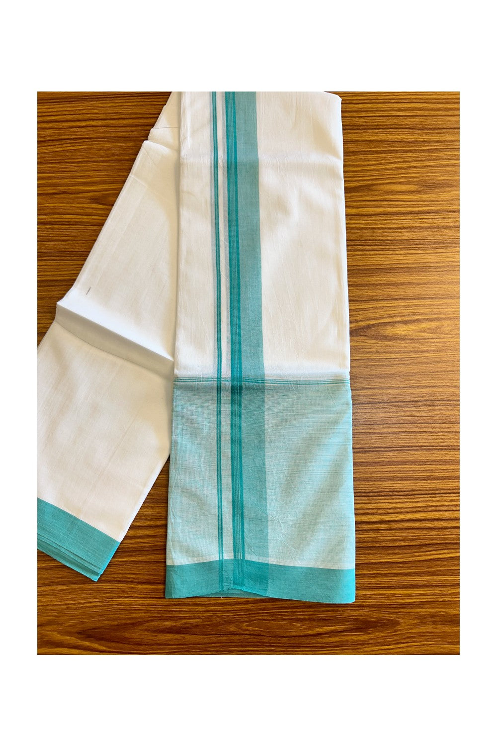 15% DISCOUNT!! Kaitharikada Balaramapuram 100% Cotton Ultra WHITE Double Mundu/Dothi-100x100  2 Inch TURQUOISE GREEN SHADED Cotton Kara - 33KK74RAM