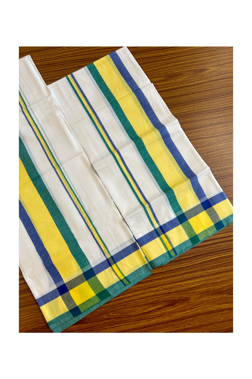 15% Discount!! KaithariKada - Kerala Cotton Single Set Mundu - EXTRA LENGTH -Blue, Yellow & Green Stripes Mulloth Kara- 34KK472CKA