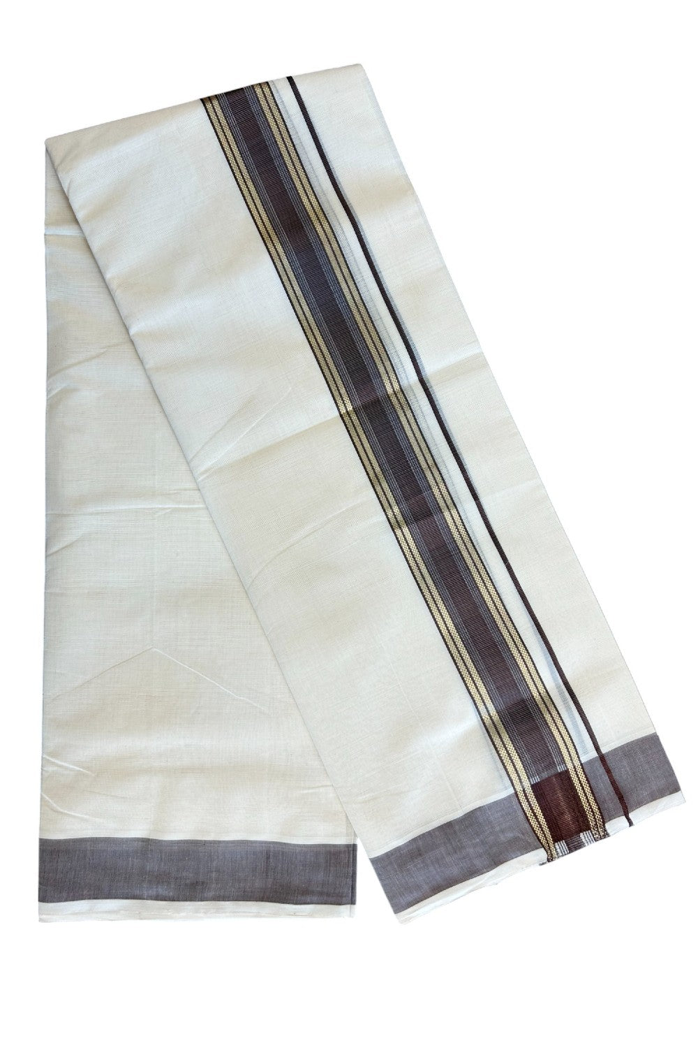 8% DISCOUNT!! KaithariKada HANDLOOM millpaav Balaramapuram - 100% PURE Cotton OFF White Double Mundu/Dothi - 2.75 inch Dark Brown & Gold Kasavu Striped kara - 34KK5029RAM