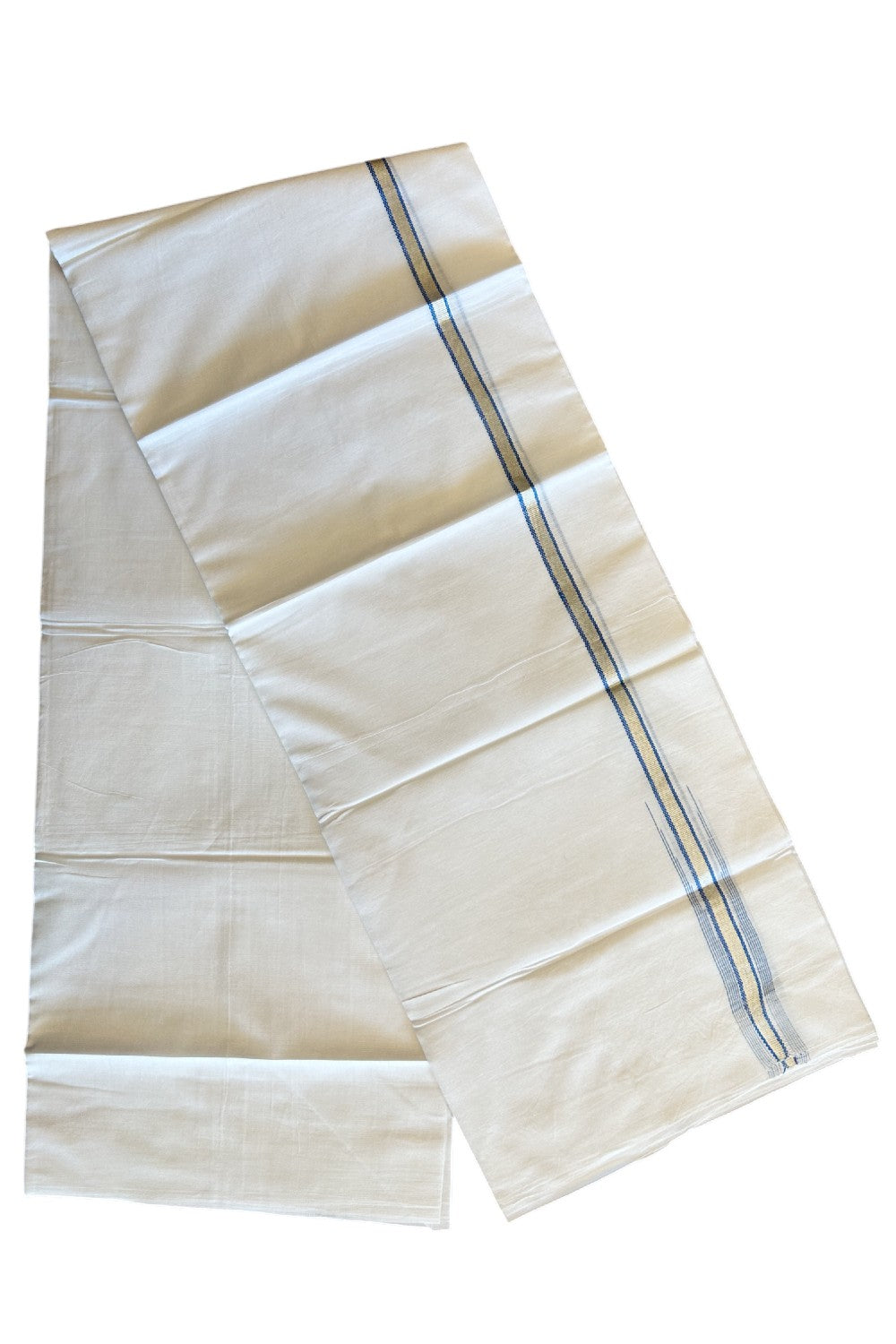 8% Discount ! Kaitharikada Balaramapuram 100% Cotton PURE WHITE Double Mundu/Dothi- 0.5 inch Silver Kasavu & Blue Striped Chutty Kara - 34KK5032GAN