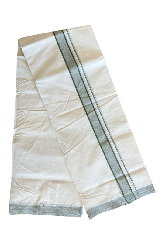 20% DISCOUNT! KaithariKada Balaramapuram 100% Cotton Double Off white - (Unbleached) Mundu/Dhoti-100x100 SAGE GREEN 2 inch  Stripes Kara-4.