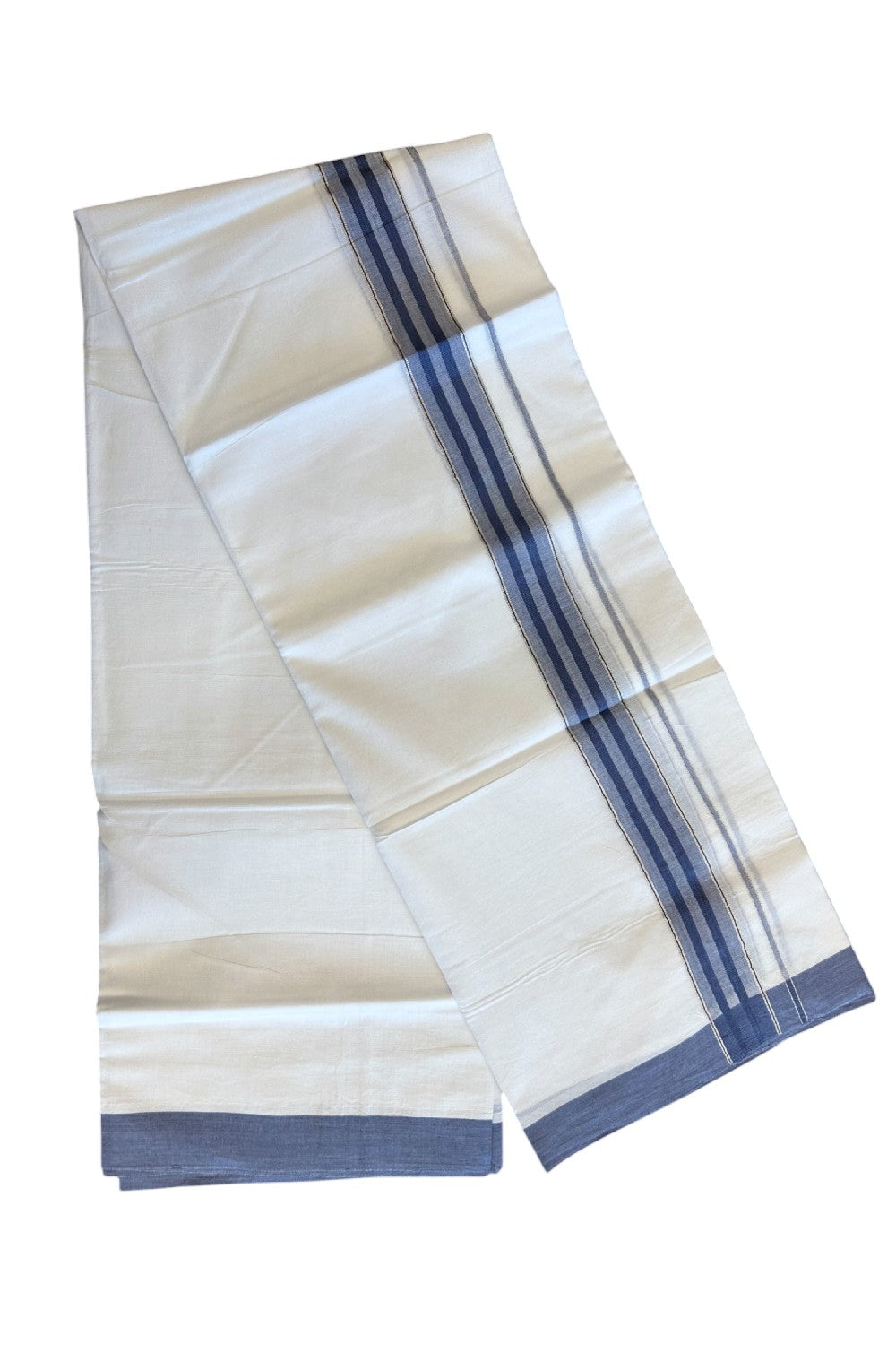 19% DISCOUNT!! KaithariKada Balaramapuram 100% Cotton Double PURE white Mundu/Dhoti-100x100 - 2.25 Inch Blue & Silver Kasav Striped Kara - 34KK5067KK