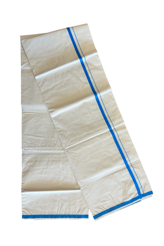 10% DISCOUNT ! KaithariKada Balaramapuram 100%  Cotton Single Off white (Unbleached) Mundu/Dhoti-100X100- 2 cm BLUE Kara - 8KK76MC.