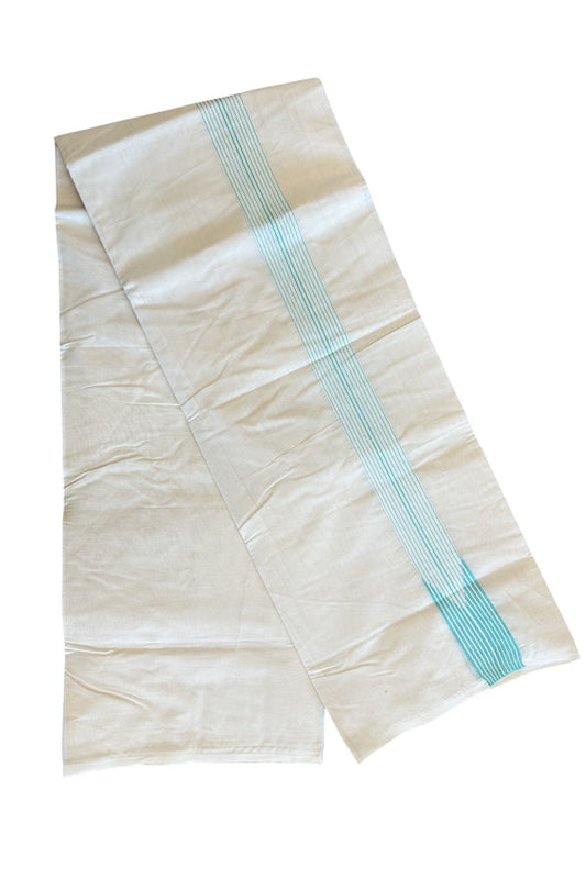 New!!17%OFFER! KaithariKada Balaramapuram 100% Cotton Double OFF WHITE - (Unbleached) Mundu/Dhoti-100x100 12 LINE Chutty Turquoise Green & White-  5KK125ASH