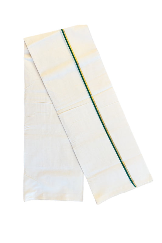 15% DISCOUNT!! KaithariKada HANDLOOM Unakkupaavu Balaramapuram - 100% PURE Cotton OFF White (Unbleached) Double Mundu/Dothi - GREEN + GOLD  KASAVU 2.cm Kara- KK46SOM-34