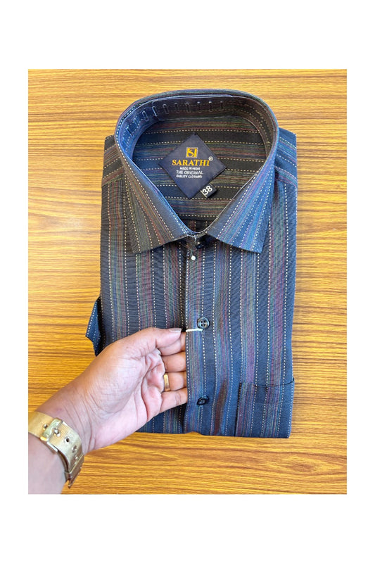 NEW !! Kaitharikada- 100% Pure Cotton Black Striped Sarathi The Orginal Quality Clothing HALF Sleeve Shirt.- 34KK444SAR