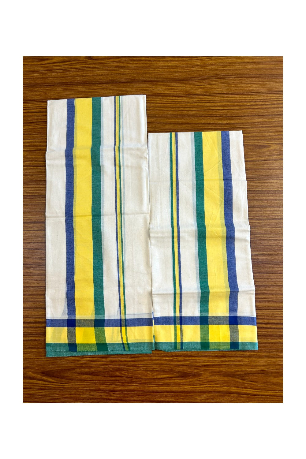 15% Discount!! KaithariKada - Kerala Cotton Single Set Mundu - EXTRA LENGTH -Blue, Yellow & Green Stripes Mulloth Kara- 34KK472CKA